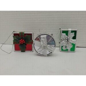 Set 3 Avon All Wrapped Up For Christmas Gift Ornaments Red Green Silver Boxed